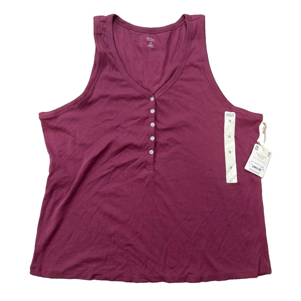 a.n.a Womens 2X Henley Tank Top NWT Hawthorn Rose Ribbed Tencel Blend Plus